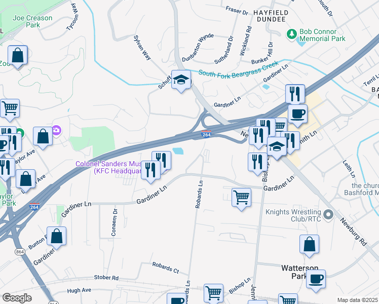 map of restaurants, bars, coffee shops, grocery stores, and more near 4000 Gardiner Point Drive in Louisville