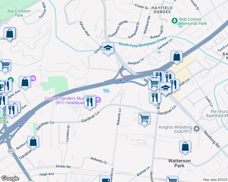 map of restaurants, bars, coffee shops, grocery stores, and more near 4000 Gardiner Point Dr in Louisville