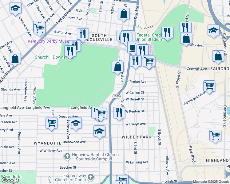 map of restaurants, bars, coffee shops, grocery stores, and more near 3802 Southern Parkway in Louisville