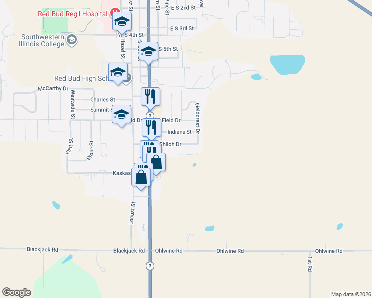 map of restaurants, bars, coffee shops, grocery stores, and more near 304 East Shiloh Drive in Red Bud