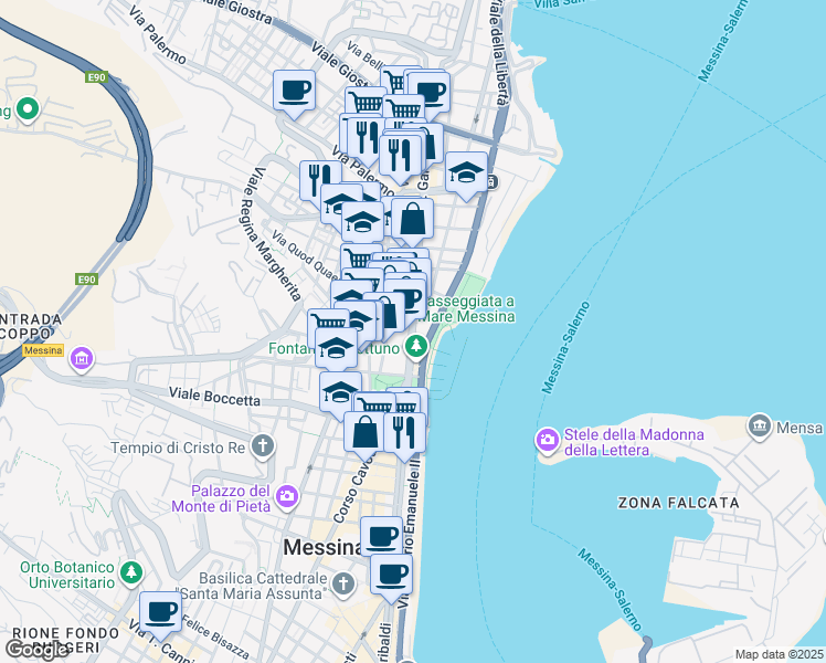 map of restaurants, bars, coffee shops, grocery stores, and more near 295 Via Giuseppe Garibaldi in Messina