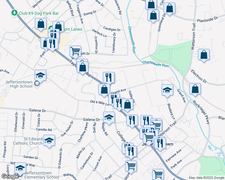 map of restaurants, bars, coffee shops, grocery stores, and more near 10103 Grand Avenue in Louisville