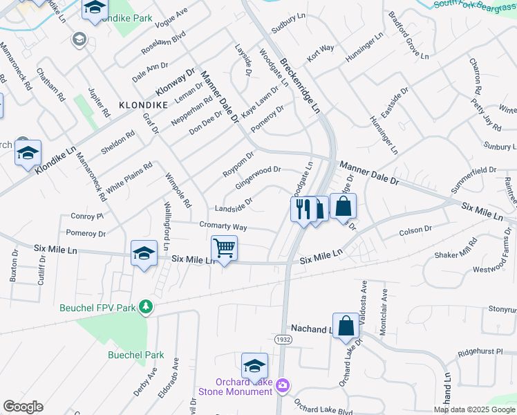 map of restaurants, bars, coffee shops, grocery stores, and more near 4018 Landside Drive in Louisville