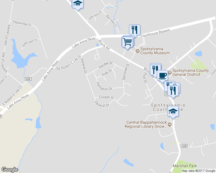 map of restaurants, bars, coffee shops, grocery stores, and more near 215 Hampton Drive in Spotsylvania