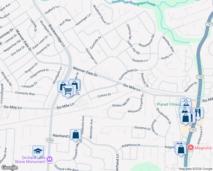 map of restaurants, bars, coffee shops, grocery stores, and more near 7607 6 Mile Lane in Louisville