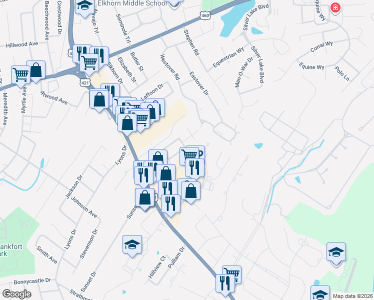 map of restaurants, bars, coffee shops, grocery stores, and more near 335 Brighton Park Boulevard in Frankfort