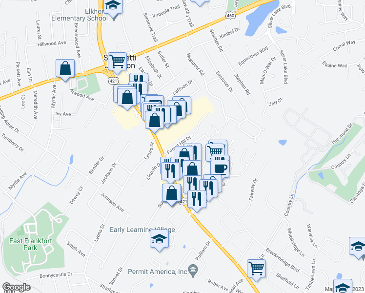 map of restaurants, bars, coffee shops, grocery stores, and more near 403 Forest Hill Drive in Frankfort