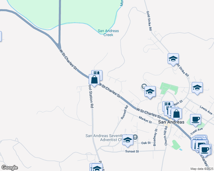 map of restaurants, bars, coffee shops, grocery stores, and more near 506 West Saint Charles Street in San Andreas