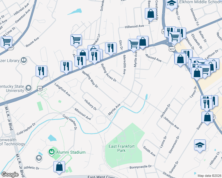 map of restaurants, bars, coffee shops, grocery stores, and more near 114 Turnberry Drive in Frankfort
