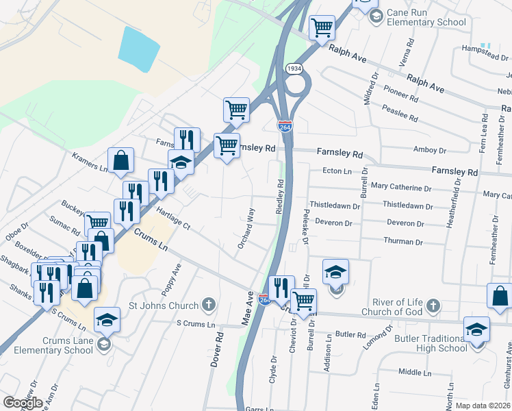map of restaurants, bars, coffee shops, grocery stores, and more near 4117 Orchard Way in Louisville