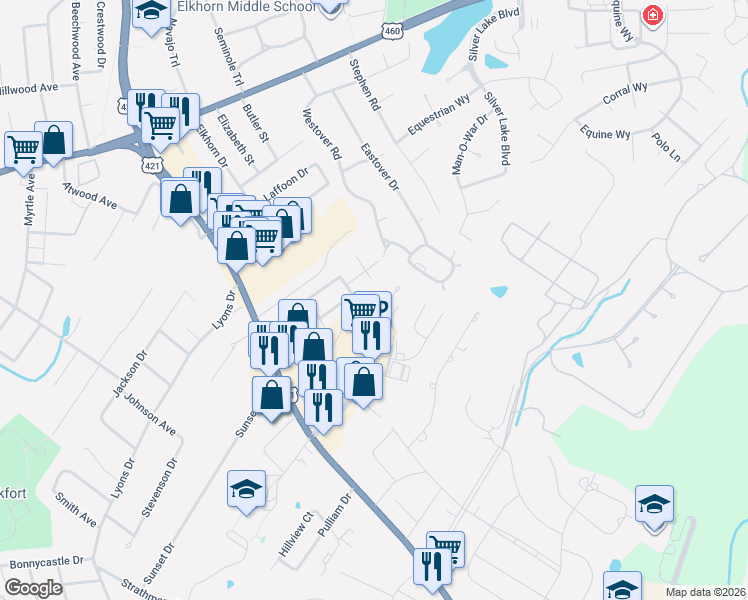 map of restaurants, bars, coffee shops, grocery stores, and more near 335 Brighton Park Boulevard in Frankfort