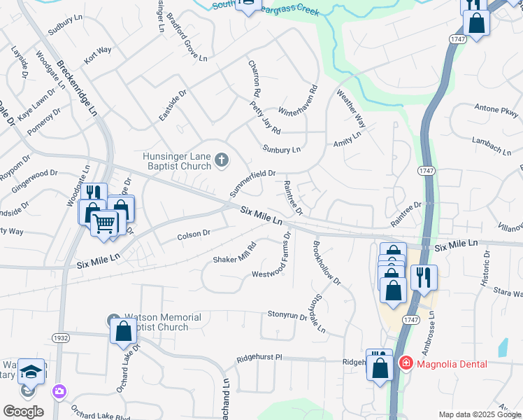 map of restaurants, bars, coffee shops, grocery stores, and more near 7705 6 Mile Lane in Louisville