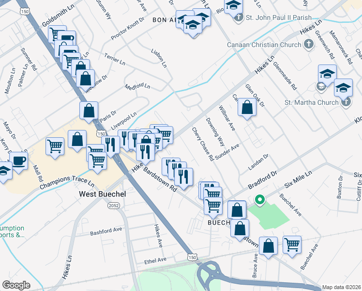 map of restaurants, bars, coffee shops, grocery stores, and more near 3704 Youngwood Road in Louisville