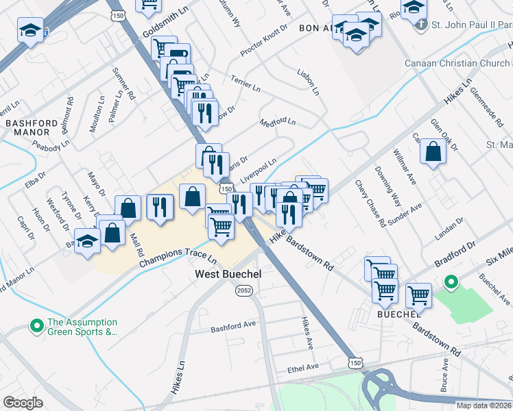 map of restaurants, bars, coffee shops, grocery stores, and more near 2201 Gerald Court in Louisville