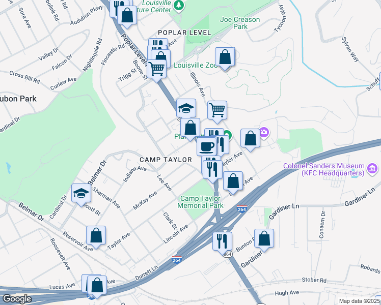 map of restaurants, bars, coffee shops, grocery stores, and more near 4006 Poplar Level Road in Louisville