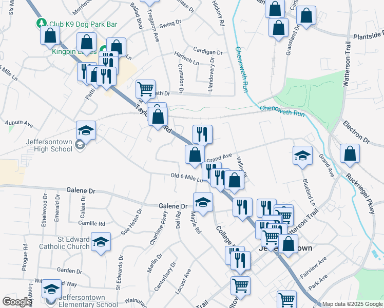 map of restaurants, bars, coffee shops, grocery stores, and more near 9908 Taylorsville Road in Louisville