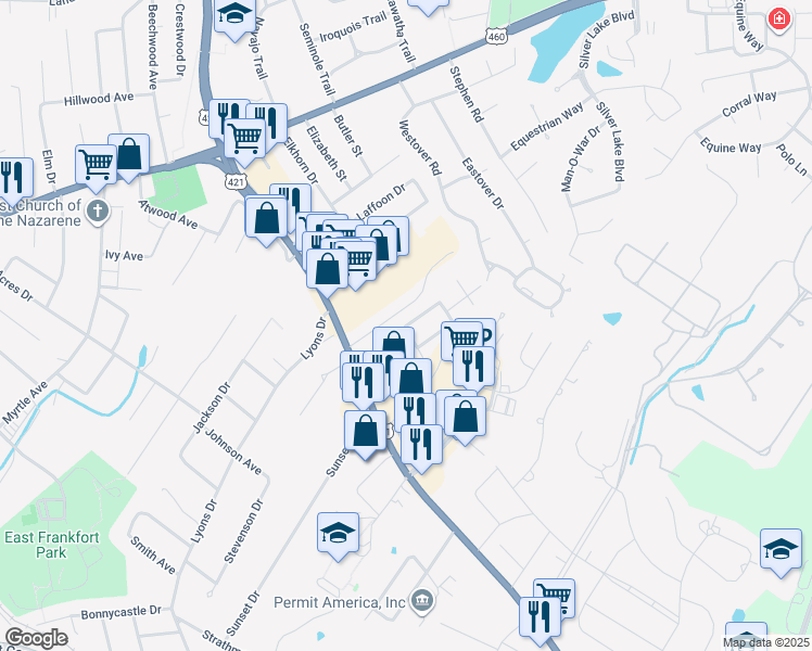 map of restaurants, bars, coffee shops, grocery stores, and more near 128 Locust Avenue in Frankfort