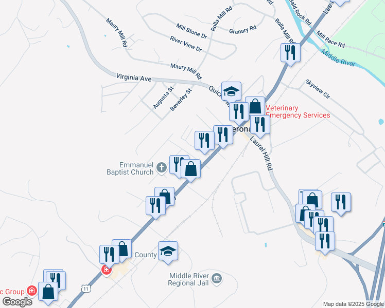 map of restaurants, bars, coffee shops, grocery stores, and more near 27 Verona Court Boulevard in Verona