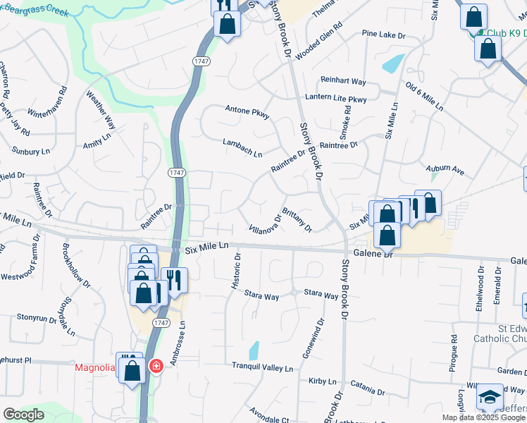 map of restaurants, bars, coffee shops, grocery stores, and more near 8606 Binnacle Court in Louisville