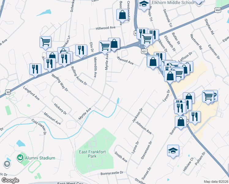 map of restaurants, bars, coffee shops, grocery stores, and more near 107 Rancho Court in Frankfort