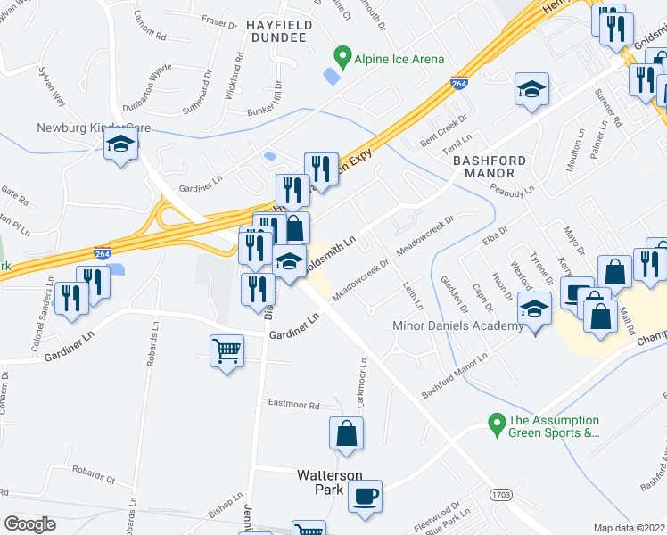 map of restaurants, bars, coffee shops, grocery stores, and more near 1920 Goldsmith Lane in Louisville