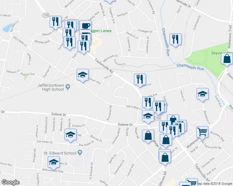map of restaurants, bars, coffee shops, grocery stores, and more near 3023 Lynnwood Way in Louisville