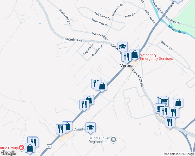 map of restaurants, bars, coffee shops, grocery stores, and more near 43 Verona Court Boulevard in Verona