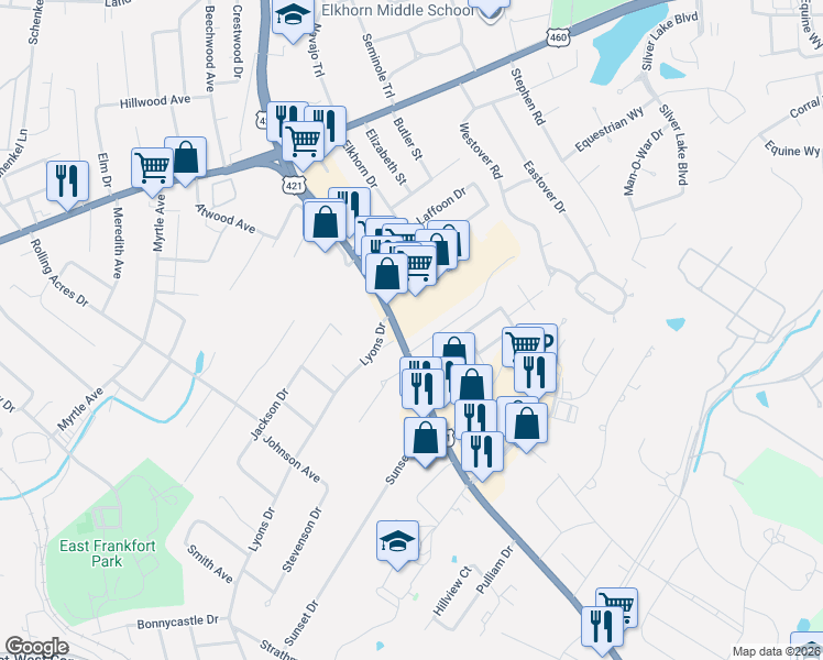 map of restaurants, bars, coffee shops, grocery stores, and more near 268 Versailles Road in Frankfort