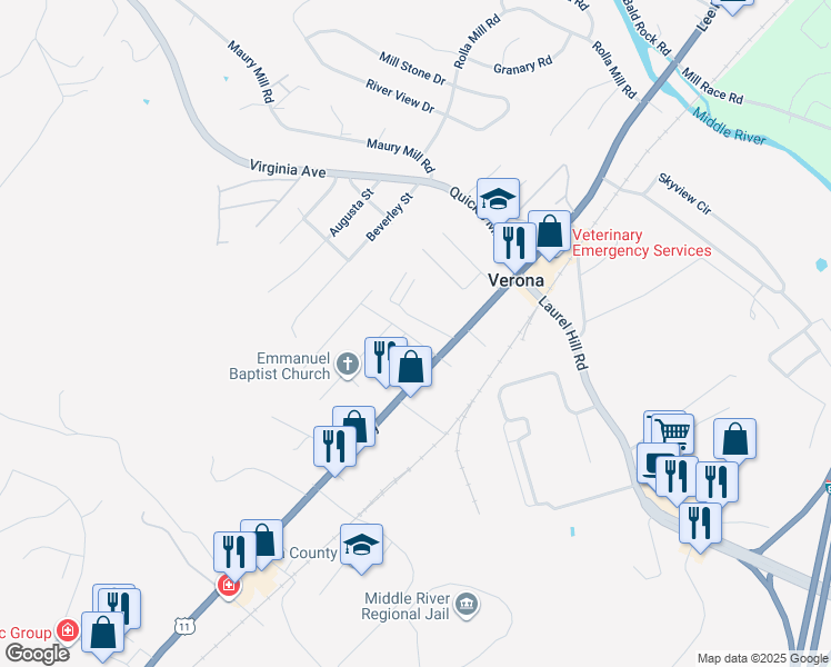 map of restaurants, bars, coffee shops, grocery stores, and more near 27 Verona Court Boulevard in Verona