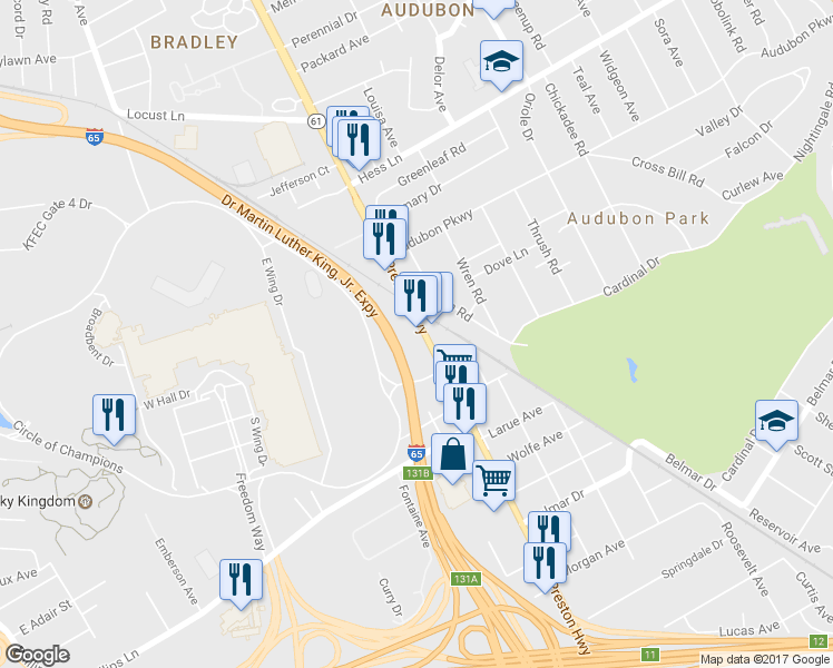 map of restaurants, bars, coffee shops, grocery stores, and more near 3314 Preston Hwy in Louisville