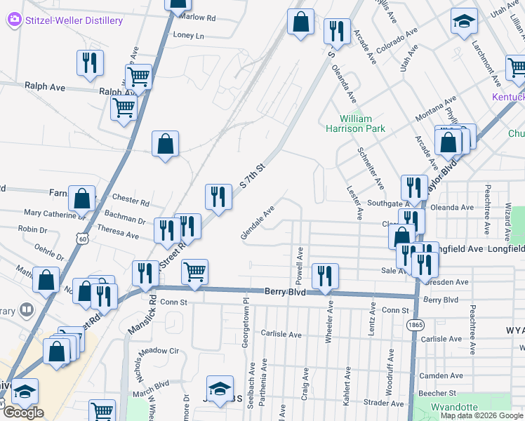 map of restaurants, bars, coffee shops, grocery stores, and more near 3447 Glendale Avenue in Louisville