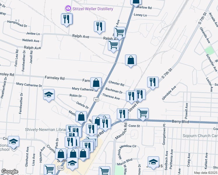 map of restaurants, bars, coffee shops, grocery stores, and more near 1731 Bachman Drive in Louisville