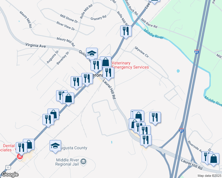 map of restaurants, bars, coffee shops, grocery stores, and more near 207 Laurel Hill Road in Verona