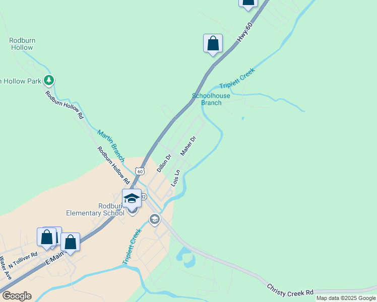 map of restaurants, bars, coffee shops, grocery stores, and more near 205 Maher Drive in Morehead