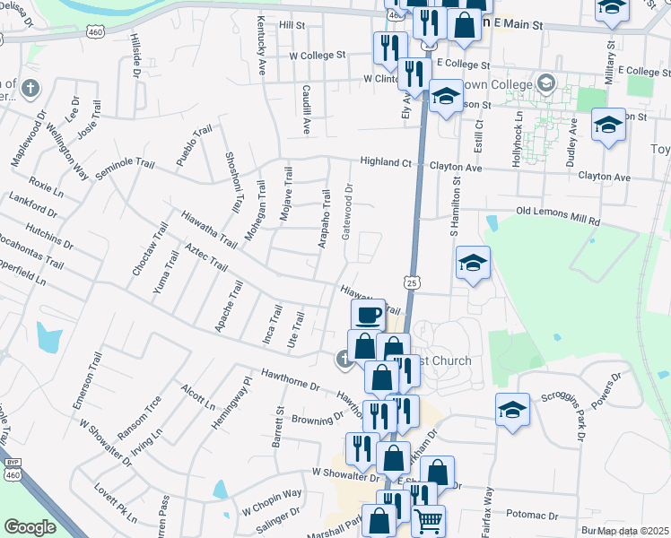 map of restaurants, bars, coffee shops, grocery stores, and more near 101 Pawnee Trail in Georgetown