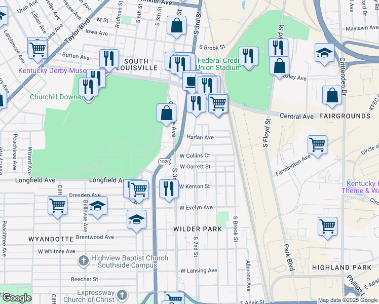 map of restaurants, bars, coffee shops, grocery stores, and more near 207 West Collins Court in Louisville