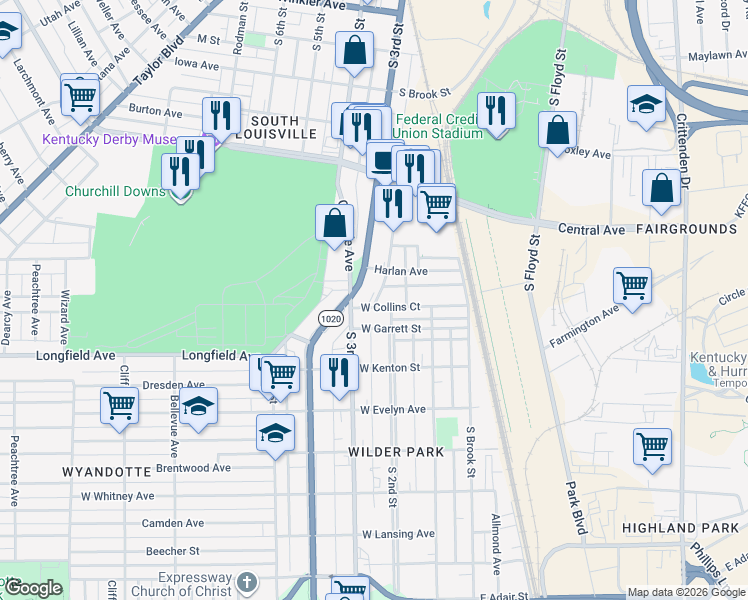 map of restaurants, bars, coffee shops, grocery stores, and more near 215 West Collins Court in Louisville