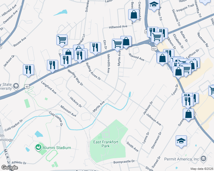 map of restaurants, bars, coffee shops, grocery stores, and more near 164 Rolling Acres Drive in Frankfort