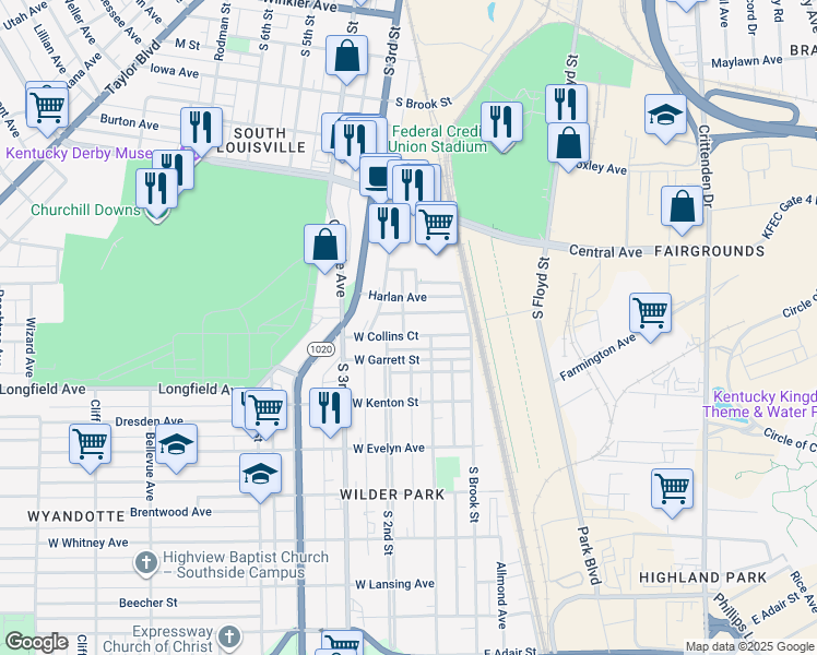 map of restaurants, bars, coffee shops, grocery stores, and more near 123 West Collins Court in Louisville