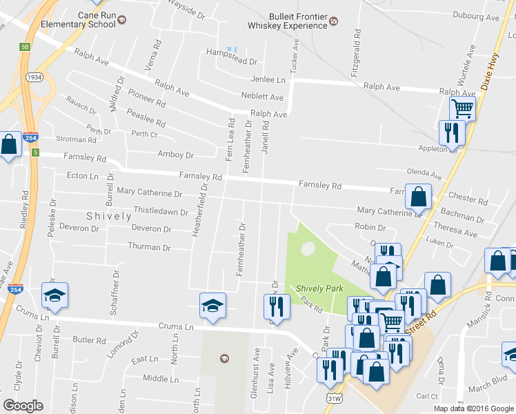 map of restaurants, bars, coffee shops, grocery stores, and more near 3408 Janell Road in Louisville