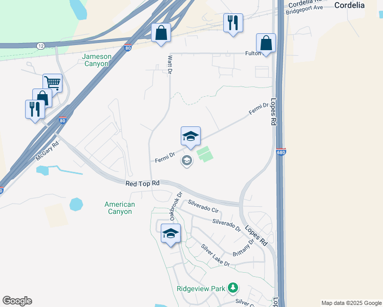 map of restaurants, bars, coffee shops, grocery stores, and more near 5000 Red Top Road in Fairfield