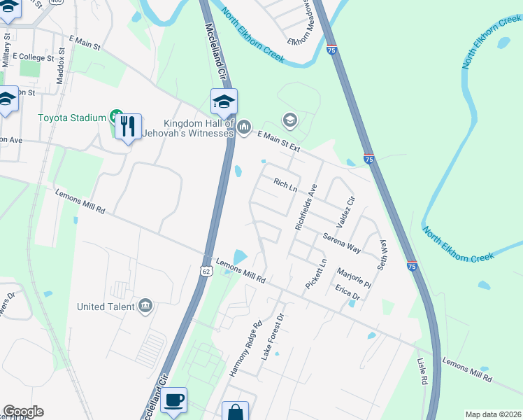 map of restaurants, bars, coffee shops, grocery stores, and more near 108 Santa Monica Drive in Georgetown