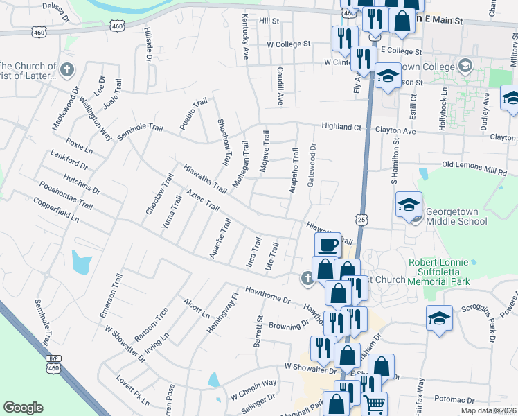 map of restaurants, bars, coffee shops, grocery stores, and more near 209 Hiawatha Trail in Georgetown