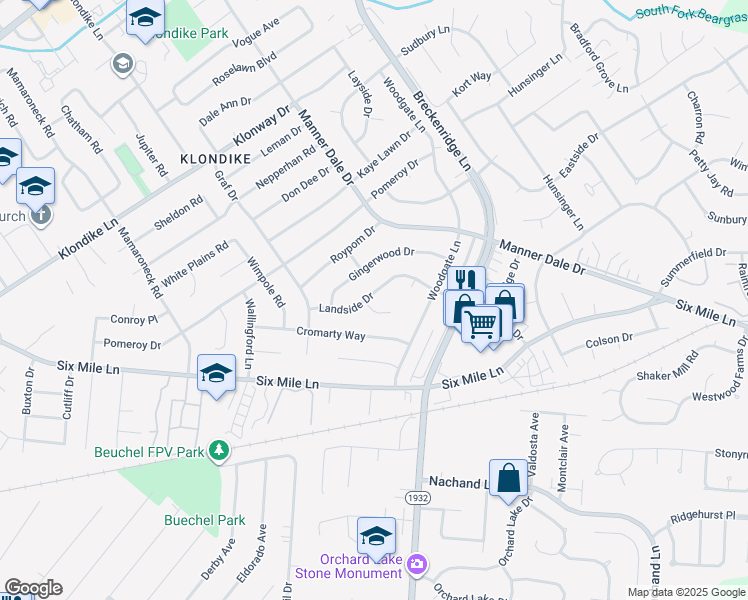 map of restaurants, bars, coffee shops, grocery stores, and more near 4018 Landside Drive in Louisville