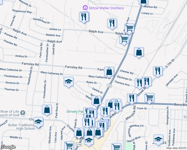 map of restaurants, bars, coffee shops, grocery stores, and more near 1823 Mary Catherine Drive in Louisville