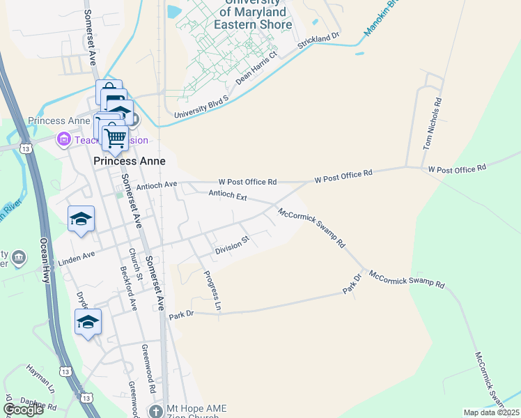 map of restaurants, bars, coffee shops, grocery stores, and more near 30790 Hampden Avenue in Princess Anne