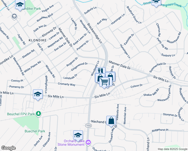 map of restaurants, bars, coffee shops, grocery stores, and more near 4206 Landside Drive in Louisville