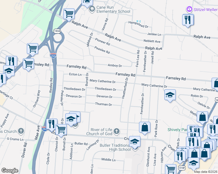map of restaurants, bars, coffee shops, grocery stores, and more near in Shively