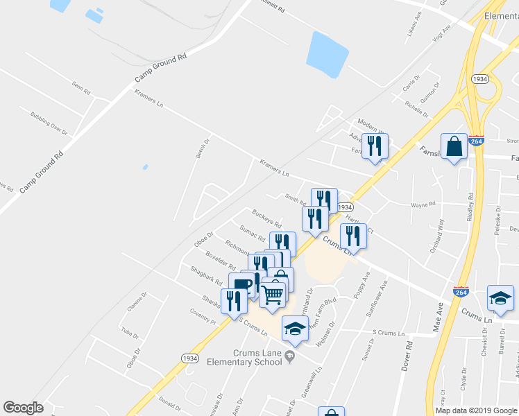 map of restaurants, bars, coffee shops, grocery stores, and more near 3419 Buckeye Road in Louisville