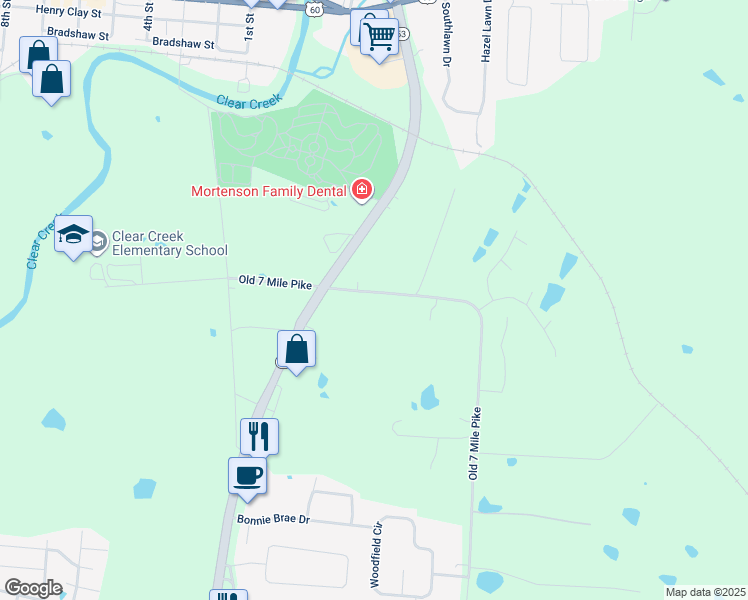 map of restaurants, bars, coffee shops, grocery stores, and more near 460 Old 7 Mile Pike in Shelbyville